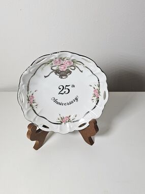 Lefton White Porcelain 25th Anniversary Plate with Pink Rose Motif